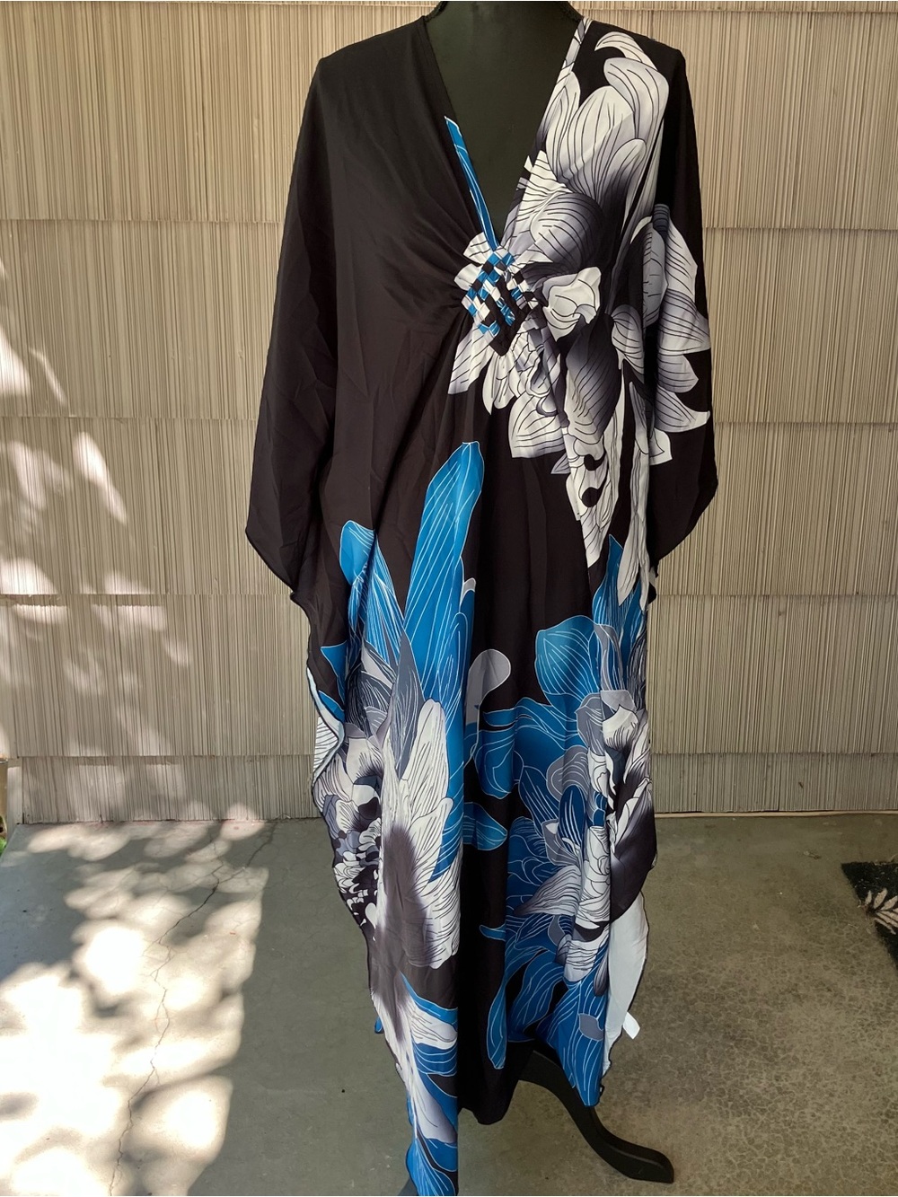 Gorgeous Blue, Black and White Floral Caftan One Size Fits All Kaftan Resortwear